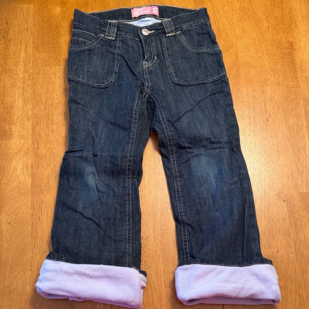 Old Navy Kids Dark Wash Fleece Boot Cut Jeans with Lilac Cuff